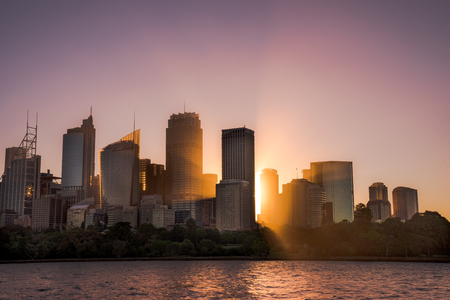 Warm light city building of Sydney, with sun beam on warm sunset sky, view from Botanic garden.のeditorial素材