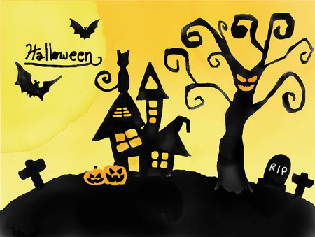 Halloween card, watercolour silhouette  haunted house and graveyardのイラスト素材