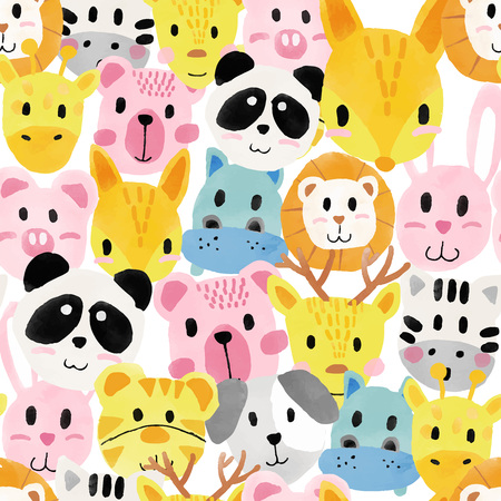 watercolour cute animal faces pattern seamlessのイラスト素材