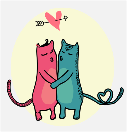 doodle cats kissing with heart flying in love frameのイラスト素材