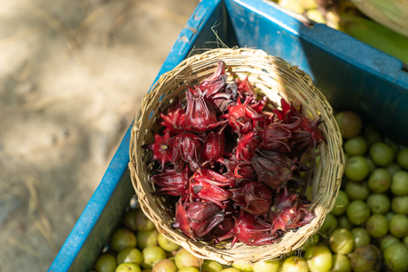 top view of a basket of fresh roselle  at fresh local marketの写真素材