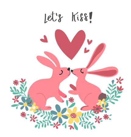 couple pink rabbit bunny kissing in  flower wreathのイラスト素材