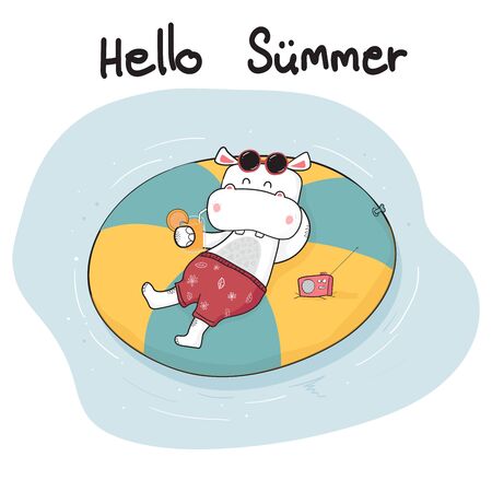 cute cartoon doodle happy hippo in short lying on life ring on sea, summer timeのイラスト素材