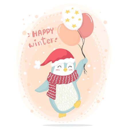Happy winter happy pink penguin with red scarf and red hat  holding pink star balloonsのイラスト素材