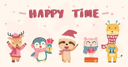 Happy cute wild animals in winter christmas costume flat vector drawing, idea for banner. cute deer, giraffe,penguin, bird and sloth, happy time, happy christmasのイラスト素材