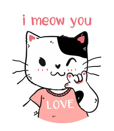 cute happy white and pink cat i meow you with love you hand gesture signage portrait half body doodle cartoon.のイラスト素材