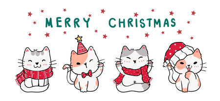 cute cartoon doodle kitten cat banner in winter christmas costume, merry christmas word.のイラスト素材