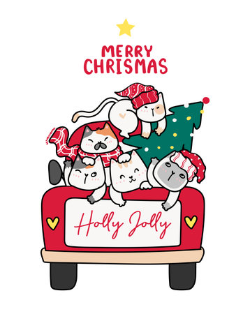cute happy kitten cat with Christmas tree on red truck car, merry christmas word, holly jolly, cartoon doodle clipart flat vector.のイラスト素材