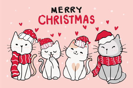 group of friend cute kitten cat in Christmas red hat and scarf with snow falling on pink background, merry christmas.のイラスト素材