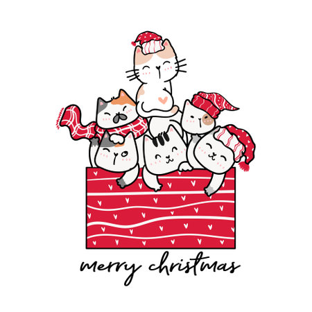 group of cute kitten cat in red present gift box, merry christmas, cartoon outline vector clipart.のイラスト素材