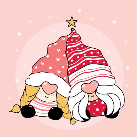 Cute Gnome couple lover, pink nose, sit together, flat vector cartoon outline, idea for greeting card, kid printのイラスト素材