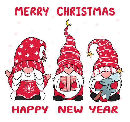 tree Happy small Gnome in red hat, merry christmas, cartoon vecotr outline, idea for greeting card, kid printのイラスト素材