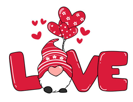 Valentine Gnome with LOVE letter and heart balloon, red valentine gnome cartoon vector doodleのイラスト素材
