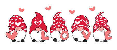 Valentine Gnome with LOVE letter, red valentine gnome cartoon vector doodleのイラスト素材
