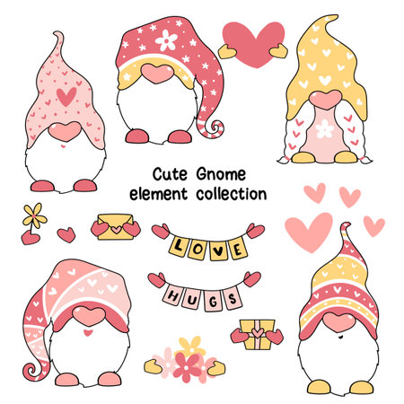 Cute Valentine Gnome in pink and yellow clip art elements setのイラスト素材