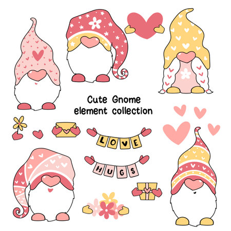 Cute Valentine Gnome in pink and yellow clip art elements setの素材 [FY310162365743]