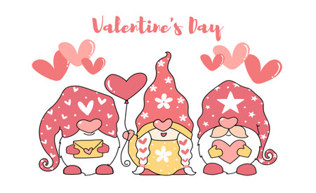 cute Valentine love gnome with love balloon and love letter, three cartoon character flat vector, Happy valentine greeting postcard printableのイラスト素材