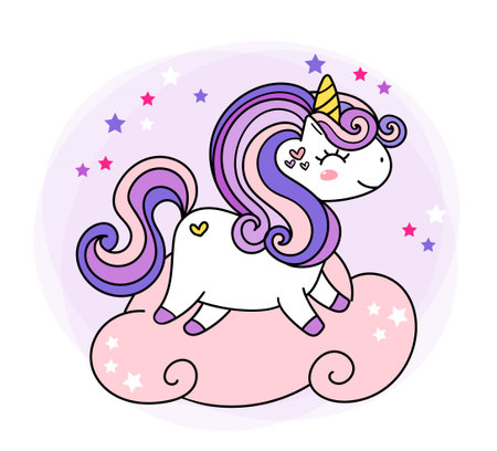 Cute Purple Baby Unicorn magical horn simple doodle outline vector illustrationのイラスト素材