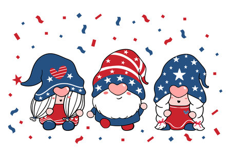 cute Three trio Gnome Independence day, 4th of July, Gnome Patriotic in Red and Blue cartoon illustration doodle clipart.のイラスト素材