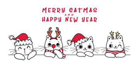 cute four kitten cats in Christmas hat, merry Christmas and happy new year, childlike cartoon flat vector hand drawn bannerのイラスト素材