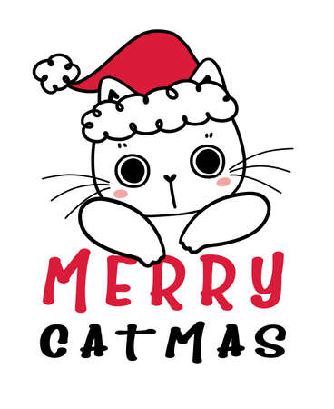 Cute hand drawn kitten cat with red Christmas Santa hat, Merry Catmas, childlike cartoon drawing flat vectorのイラスト素材