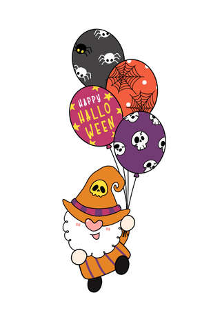 cute Halloween Gnome in witch costume hold party Halloween balloons, Happy Halloween flat cartoon character doodle outlineのイラスト素材
