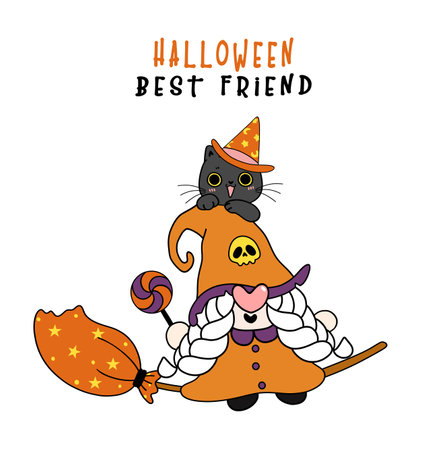 Cute friendship Witch Gnome and happy black cat Halloween Best Friend, cartoon character doodle hand drawn outlineのイラスト素材