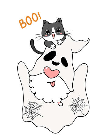 Cute Ghost Halloween Gnome with happy playful black kitten cat, Boo, Cartoon hand drawn doodle outlineのイラスト素材