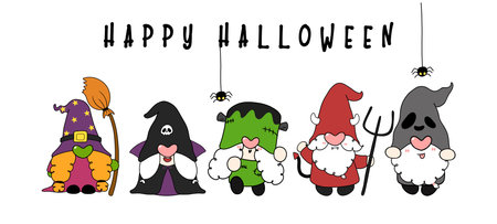 Group of funny Halloween Gnome in character costume, Happy Halloween banner, flat cartoon hand drawn doodle outlineのイラスト素材