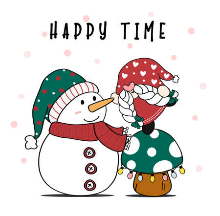 Cute Christmas Gnome on mushroom with Santa Snowman with snow falling in background, cartoon flat doodle vecterのイラスト素材