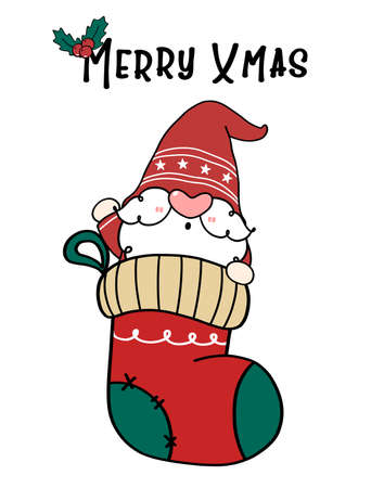 cute Santa Gnome in Christmas sock, Merry xmas. Cartoon doodle hand drawn flat vectorのイラスト素材