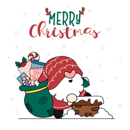 Cute happy smile Santa Gnome carries sack bag of gifts going into a house chimney, Merry Christmas, cartoon doodle hand drawn flat vectorのイラスト素材