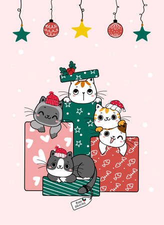 Group of pile Cute playful kitten cat seek and hide in Christmas gift boxes, cartoon hand drawn doodle flat vectorのイラスト素材
