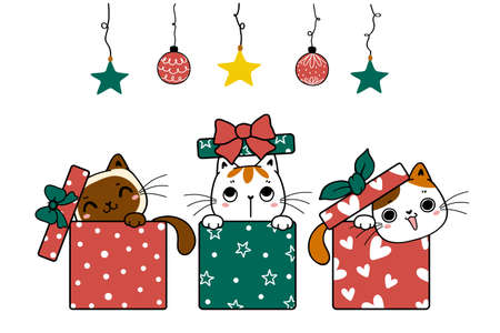 Group of Cute playful kitten cat seek and hid in Christmas boxes, cartoon hand drawn doodle flat vectorのイラスト素材