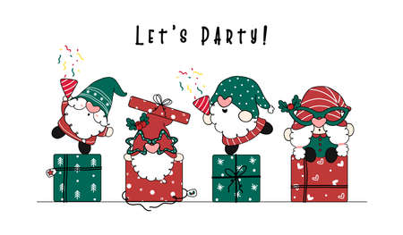 Group of Cute and funny Gnome in red and green Santa costume doing party on gift boxes, Christmas and happy new year, cartoon doodle hand drawnのイラスト素材