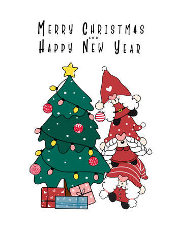 Group of Three Santa Gnome girl step on shoulder with Christmas pine tree, merry Christmas and Happy New Year, cartoon hand drawn flat doodleのイラスト素材