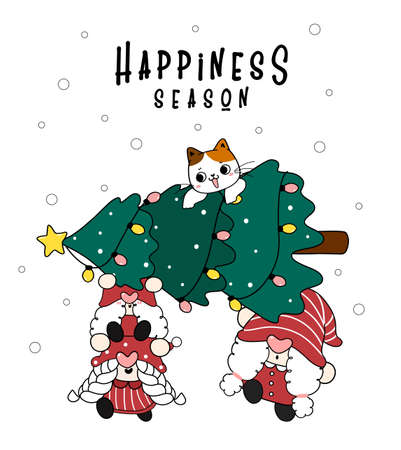 Group of Three Gnome carring pine Christmas tree and cat, happiness season, merry Christmas and Happy New Year, cartoon hand drawn flat doodleのイラスト素材