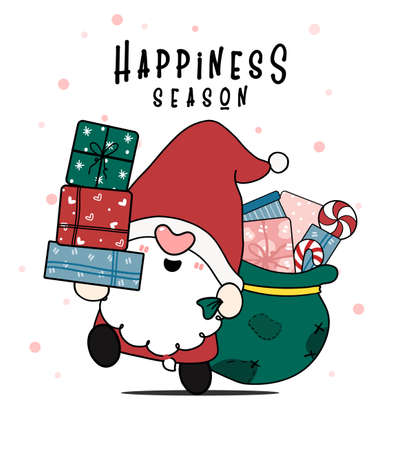 Cute happy smile Santa Gnome with a sack of present gift boxes, happiness season, merry Christmas and Happy New Year, cartoon hand drawn flat doodleのイラスト素材