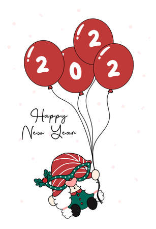 cute happy gnome girl holding group of red balloons 2022, cartoon flat vector outlineのイラスト素材
