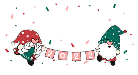 Two cute gnome holding 2022 flag, Christmas and new year gnome boy and girl cartoon hand drawnのイラスト素材