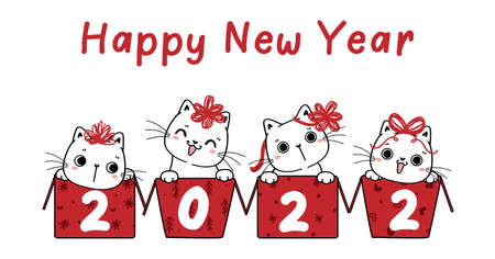 Group of four white funny kitten cat in boxes, Happy New year 2022, idea for greeting card or banner, cartoon hand drawn outlineのイラスト素材