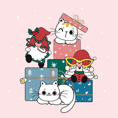 Group of cute kitten cat and Gnome with pile of gift present boxex, merry christmas and happy new year, cartoon hand drawn doodle flat vectorのイラスト素材