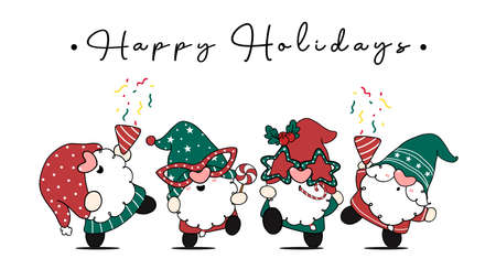 Group of four happy cute Christmas gnomes in party theme, Happy Holidays, cartoon hand drawn doodle flat vectorのイラスト素材