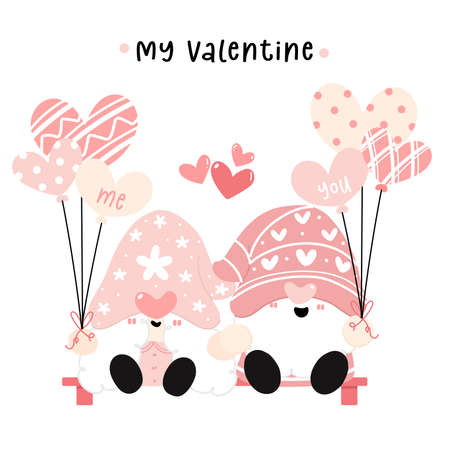 Cute happy couple two Gnomes holding hand in love, sweet Valentine Gnome, cartoon flat vectorのイラスト素材