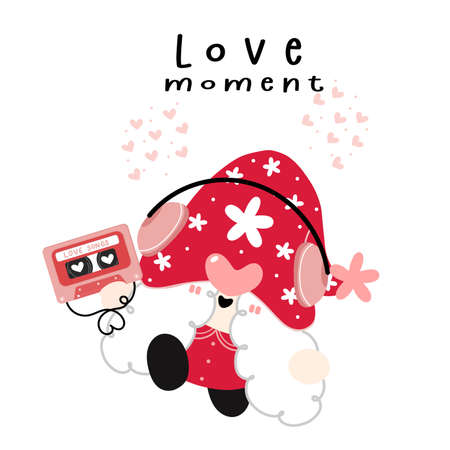 Cute Red Gnome girl listen to love music, cute valentine cartoon flat vectorのイラスト素材
