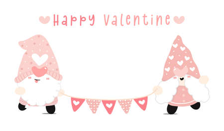 Happy Valentine cute couple two gnomes with heart flag garland, cute cartoon flat vectorのイラスト素材