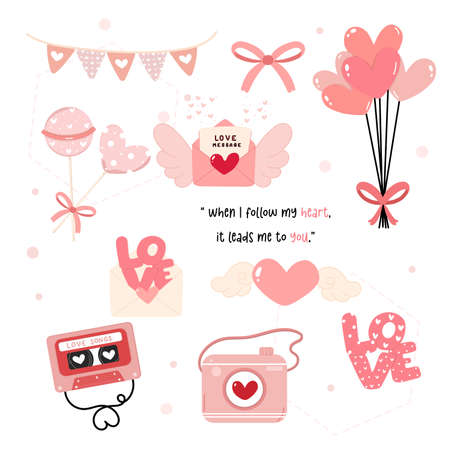 cute sweet Love Valentine day decoration elements collection flat designのイラスト素材