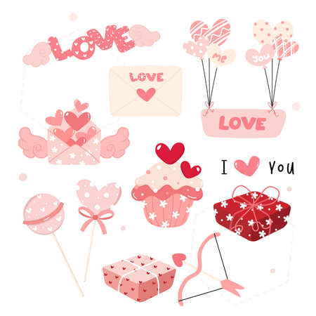 cute sweet Love Valentine day decoration elements collection flat designのイラスト素材