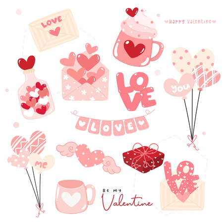 cute sweet Love heart Valentine day decoration elements collection flat designのイラスト素材