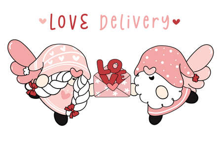 Cute two couple Gnomes cupid with cupid wings boy and girl holding love letter, love delivery, flat vector cartoon drawing outline clipartのイラスト素材
